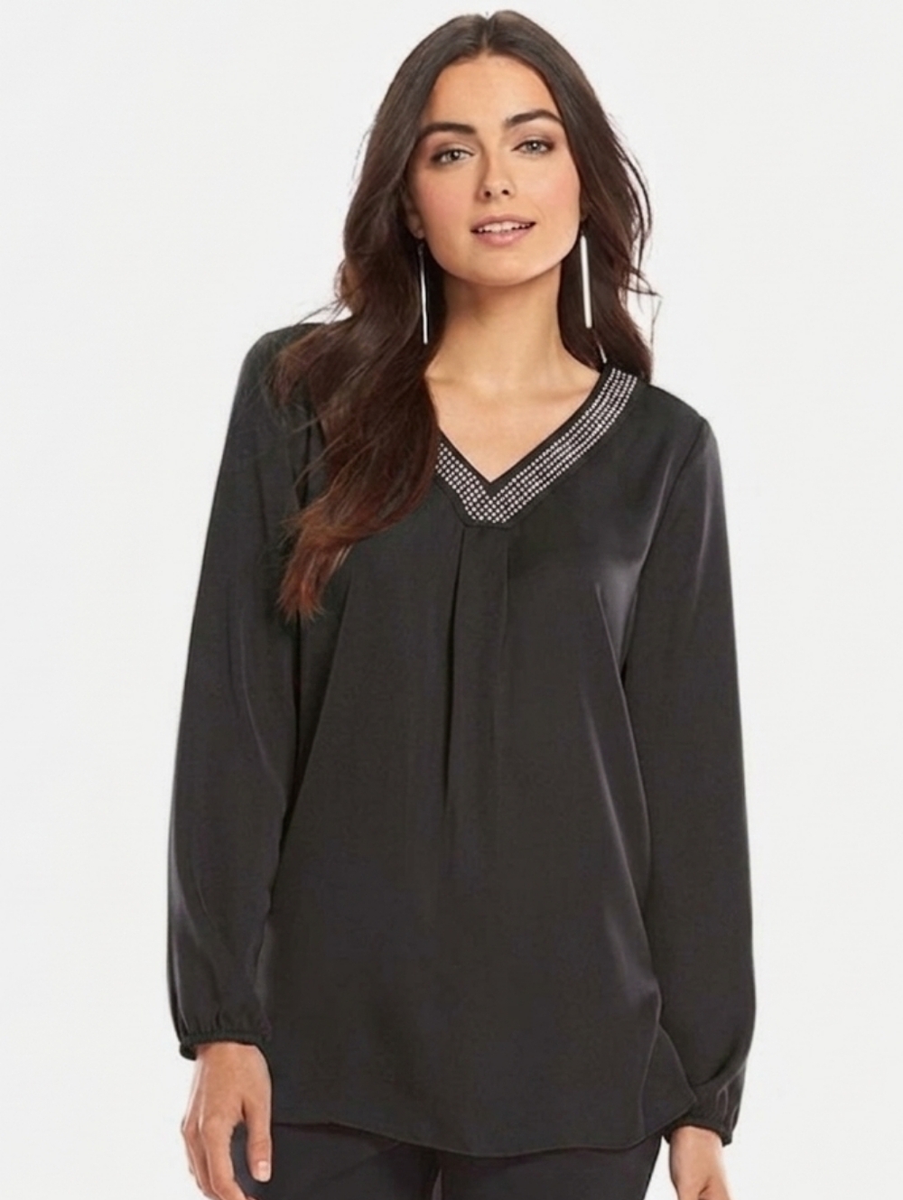 NWT Apt.9 Women's Embellished V Neck Jeweled Black Satin Tunic Medium